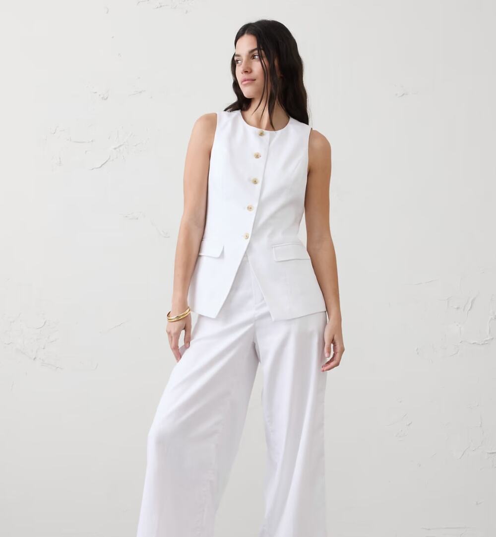 Banana Republic Long Button Front Vest Linen Blend White S Quiet Luxury Refined